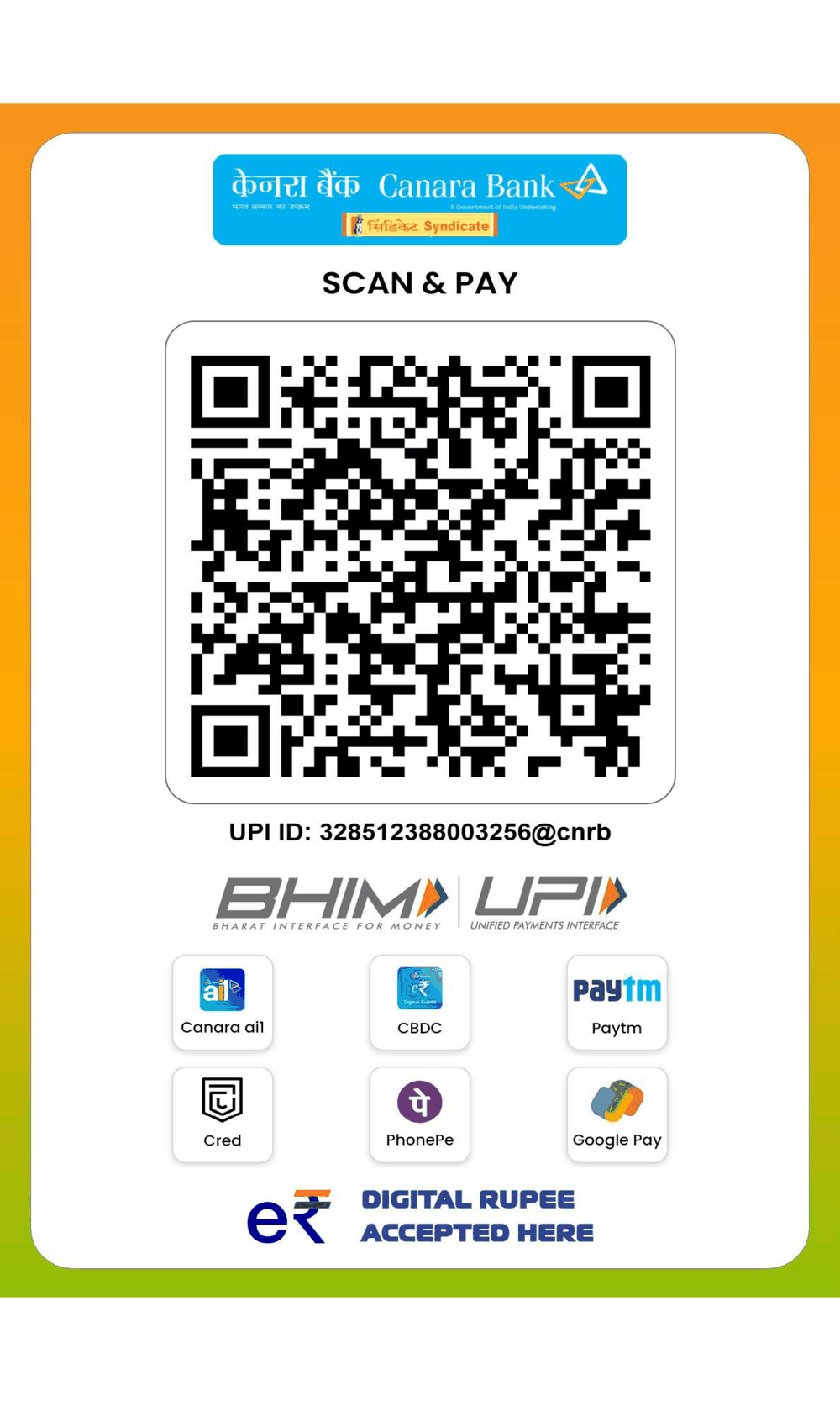 Canara Bank Scan and Pay UPI QR code for conference payment, UPI ID 328512388003256@cnrb
